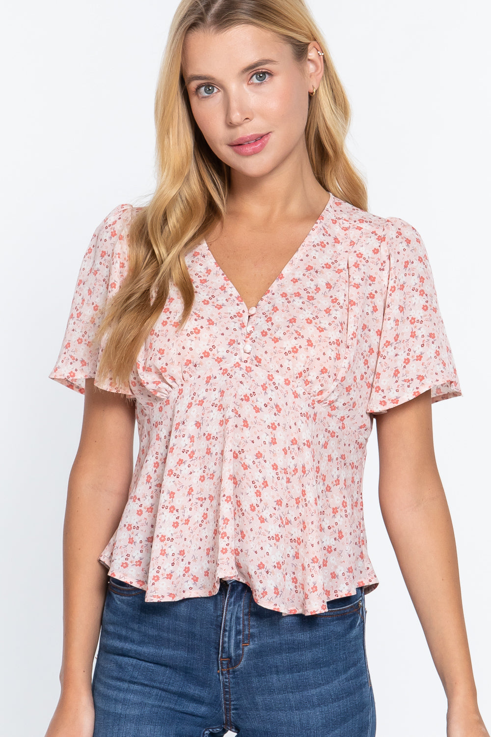 Ruffle Slv W/back Tie Print Woven Top