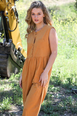 Mustard Cotton Front Button Up Detail Sleeveless Jumpsuit