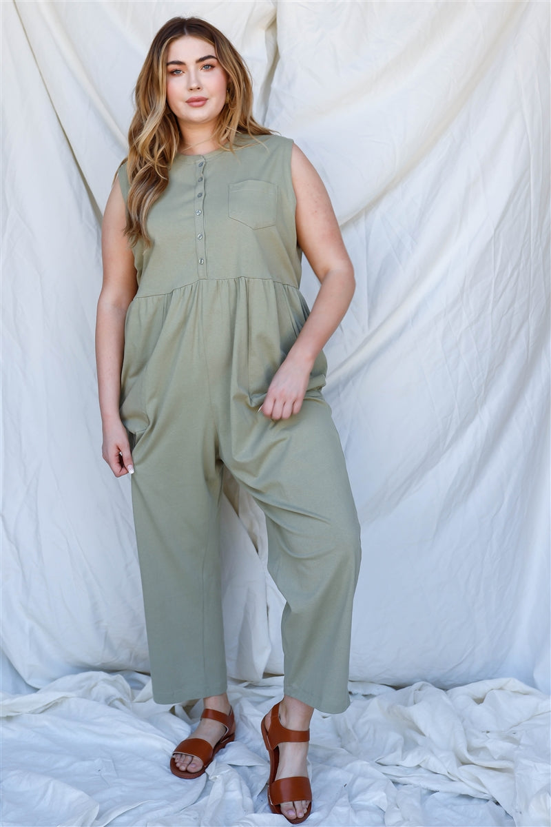 Plus Cotton Front Button Up Detail Sleeveless Jumpsuit