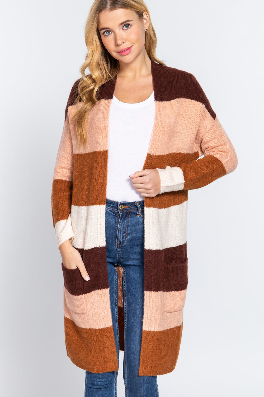 Open Front Color Block Cardigan