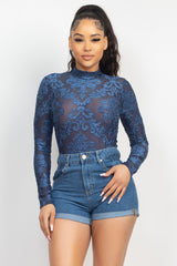 Embroidered Mock Neck Keyhole Bodysuit