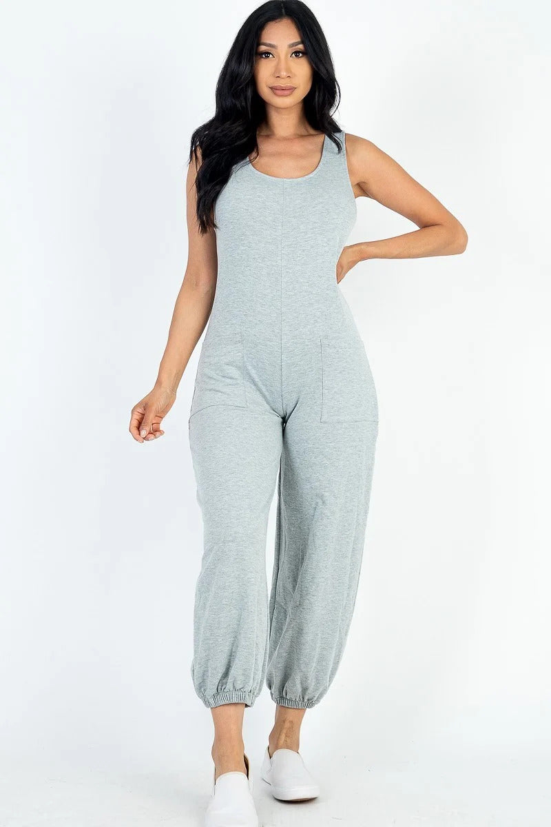 Casual Solid French Terry Sleeveless Scoop Neck Front Pocket Jumpsuit