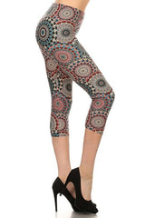 Multi-color Print, Cropped Capri Leggings In A Fitted Style With A Banded High Waist