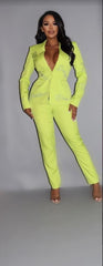 2 Piece Powersuit Blazer & Pants Set With Rhinestone Letterings On Blazer