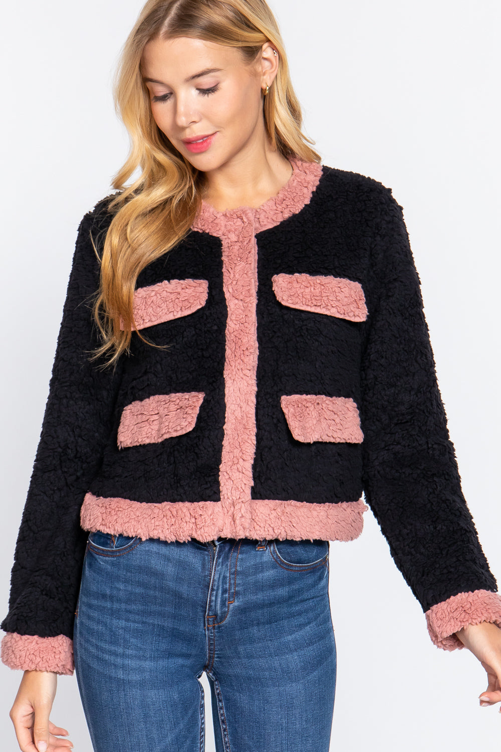 Long Sleeve Pocket Detail Faux Fur Jacket