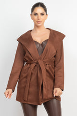 Suede Hooded Waist-tie Belt Jacket