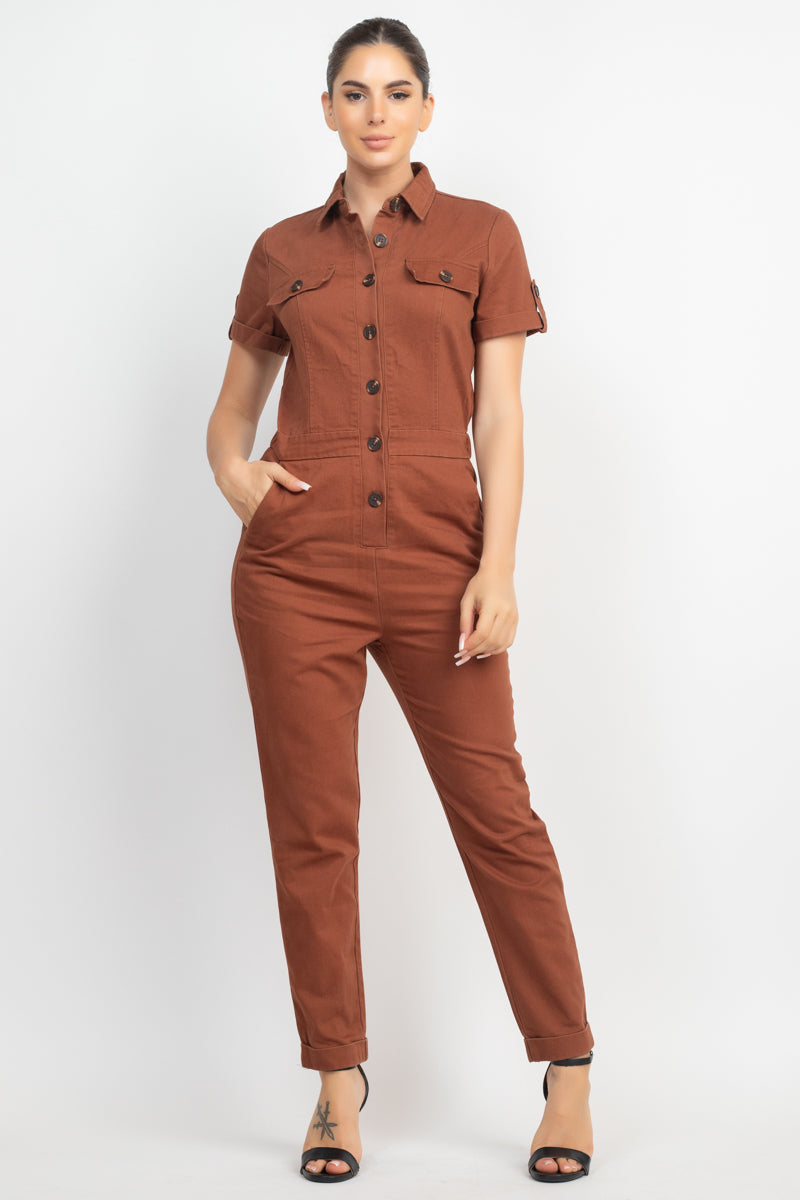 Collared Button-front Jumpsuit