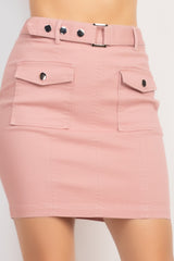 Belted Pocket Solid Mini Skirt