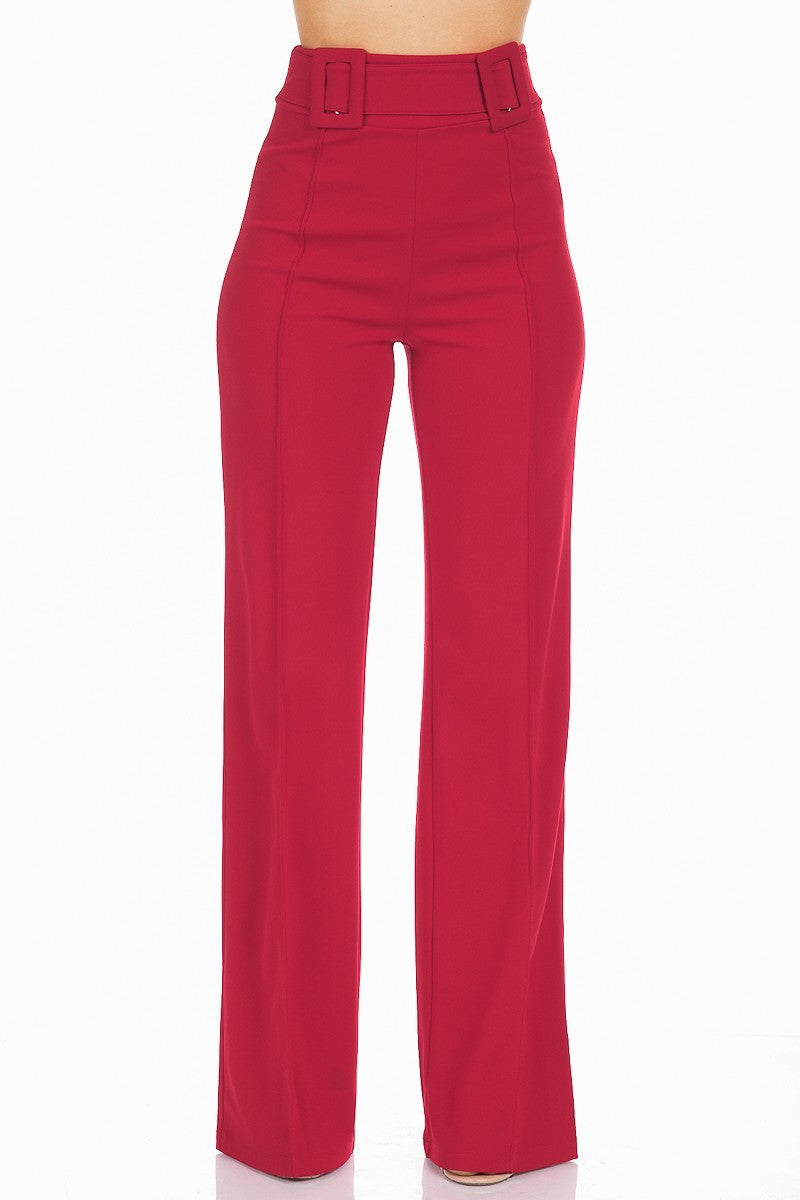 High Waist Pants With Self Fabric Buckle Detail On The Waist