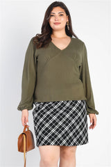 Plus Olive Flannel V-neck Long Sleeve Top