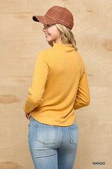 Solid And Cozy Soft Knit Mock Neck Top With Side Ruched Detail