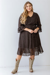 Plus Black Print Belted Flare Hem Midi Dress