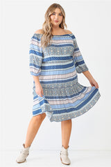 Plus Combo Printed Textured Ruffle Flare Hem Mini Dress