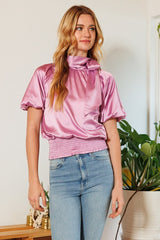 Waist Smocked Solid Satin Blouse