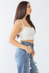 Ivory Textured Self-tie Open Back Sleeveless Crop Top