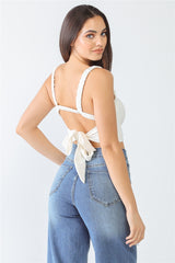 Ivory Textured Self-tie Open Back Sleeveless Crop Top