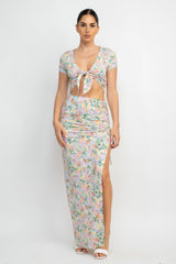 Front Knot Floral Top & Ruched Maxi Skirts Set