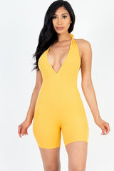 Casual Solid Halter V Neck Ribbed Bodycon Romper