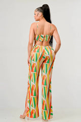 Luxe geo print satin bra top and palazzo jumpsuit