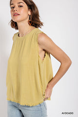 Sleeveless back button closure frayed top