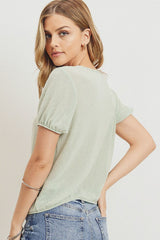 Textured knit surplice bottom string short sleeve top