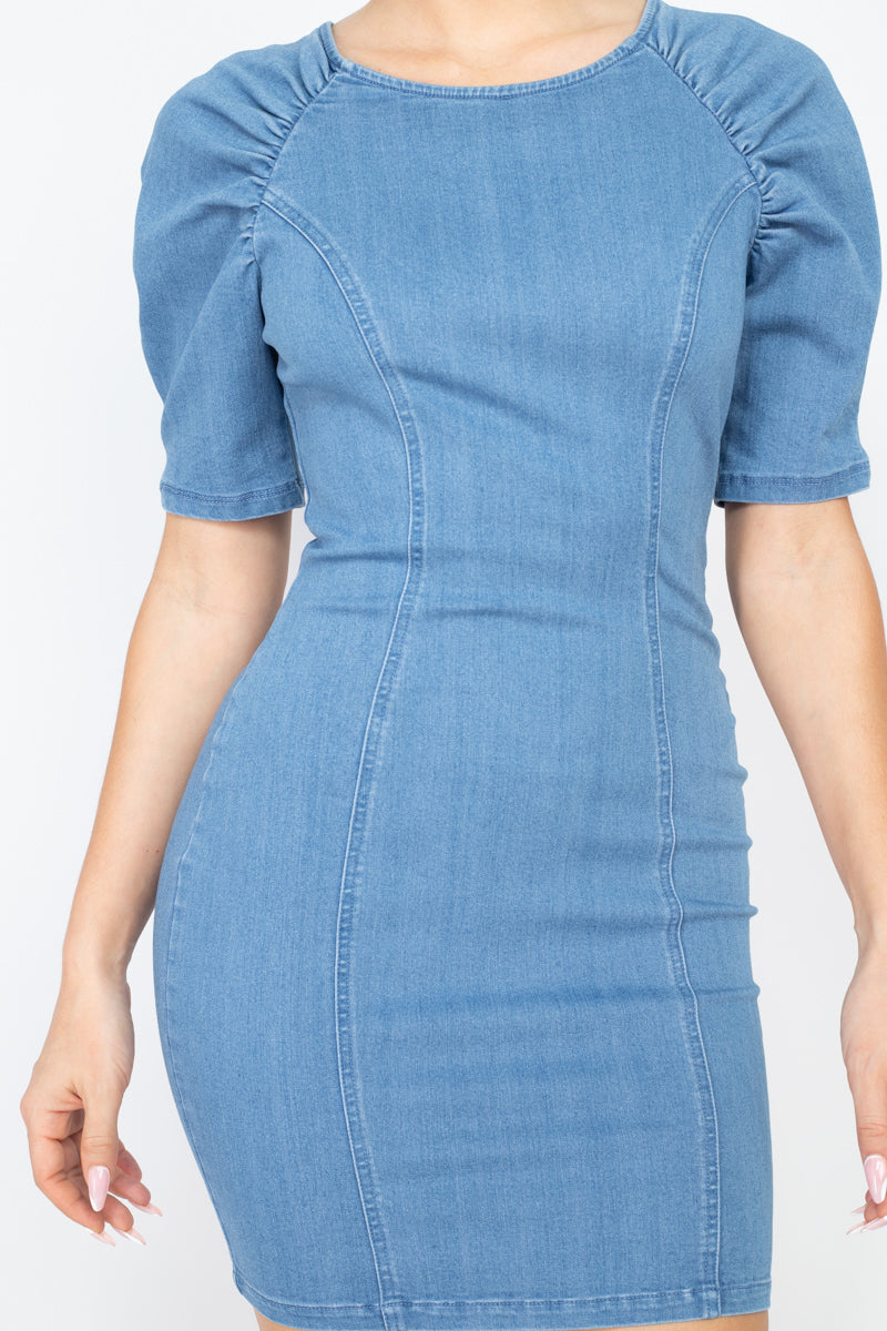 puff-sleeve seamed denim dress Puff Sleeve Seamed Denim Dress