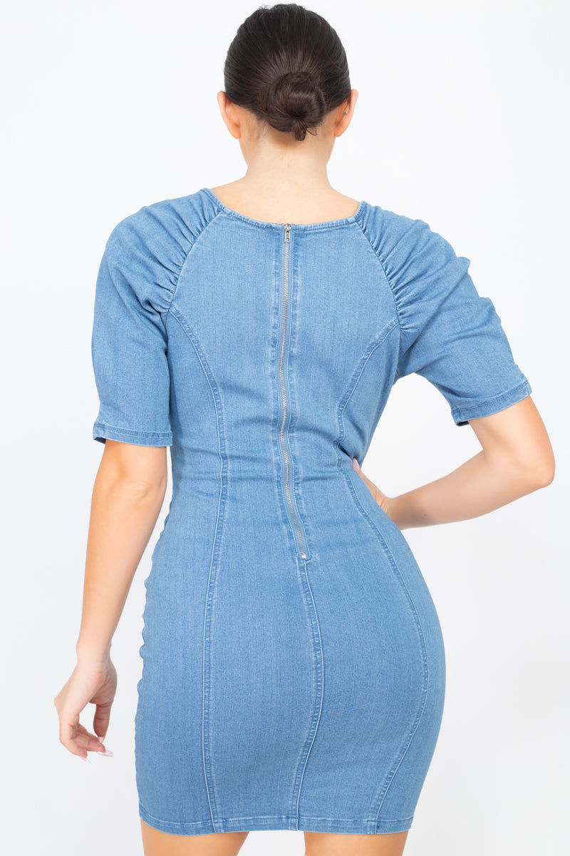 puff sleeve denim dress h&m Women's Dark denim blue Tie-belt denim dress