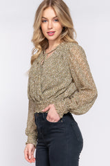 Surplice Smocked Print Chiffon Blouse