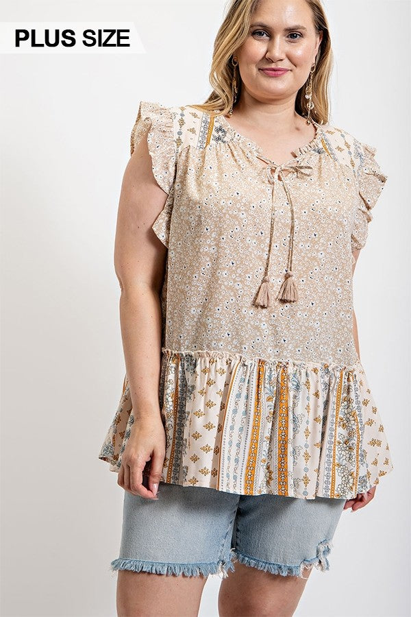 Woven Prints Mixed And Sleeveless Flutter Top With Tassel Tie