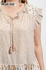 Woven Prints Mixed And Sleeveless Flutter Top With Tassel Tie