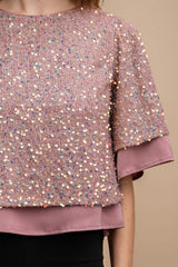 Sequined Short Sleeve Top With Back Zipper