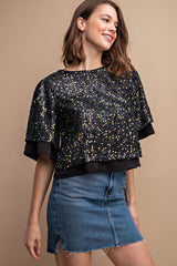 Sequined Short Sleeve Top With Back Zipper