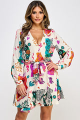 Printed Long Sleeve Mini Dress With Belt