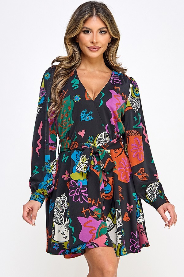 Printed Long Sleeve Mini Dress With Belt