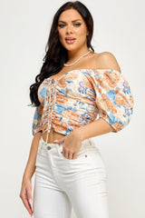 Floral Print Lace Up Ruched Crop Top